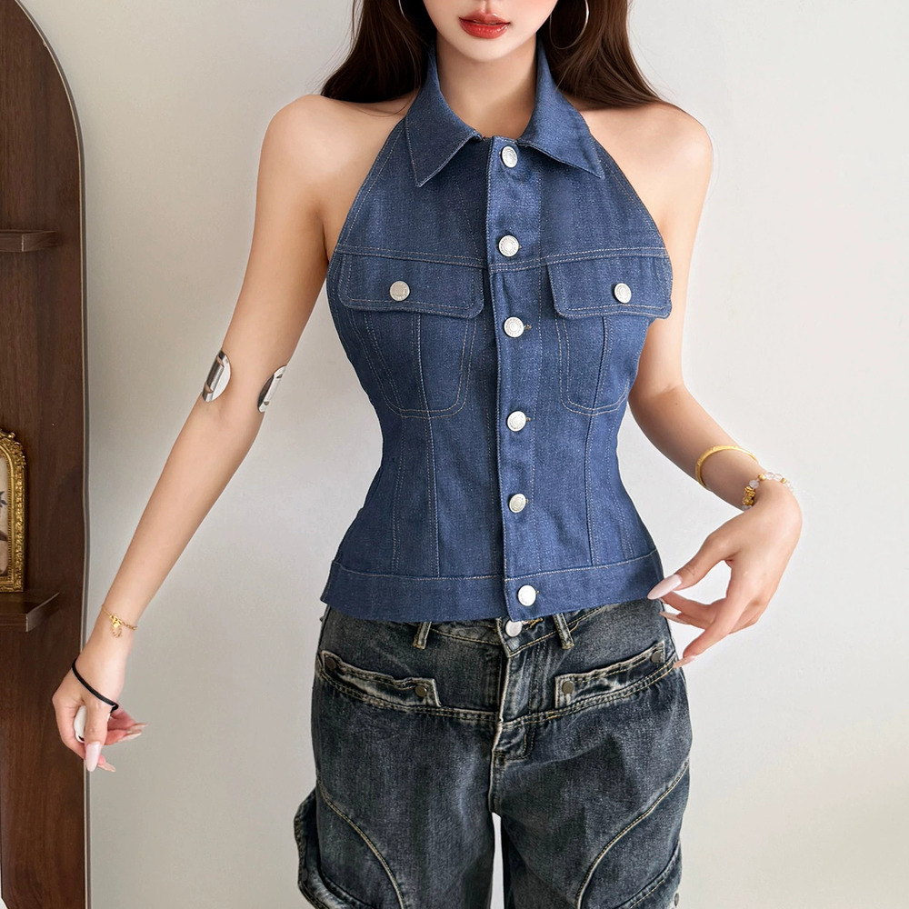 Zara Summer Vintage Denim Halter Backless Utility Vest